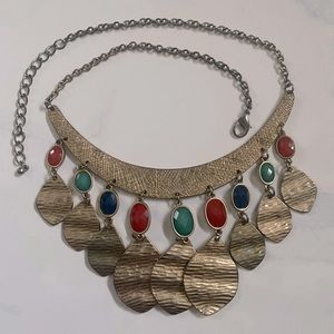 Jeweled Statement Necklace with Gold Dangle Accents